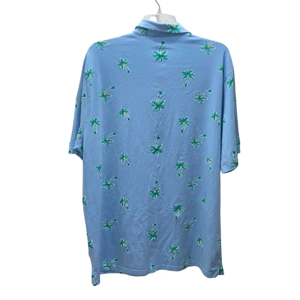 Crown & Ivy Mens XL Blue Palm Tree Print Short Sleeve Polo Shirt Chest Pocket